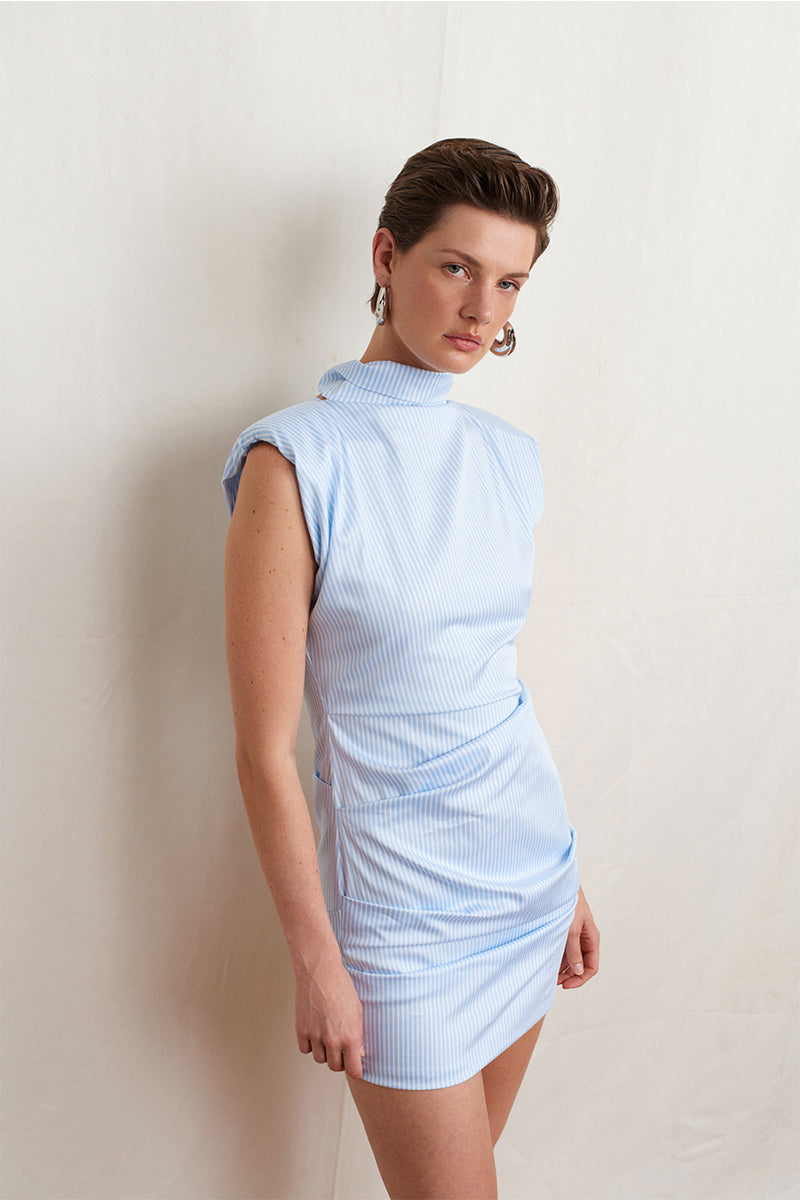 Blue Dragon Poplin Dress by Acaria Studio, a stylish mini dress with a vibrant dragon print and lightweight poplin fabric.