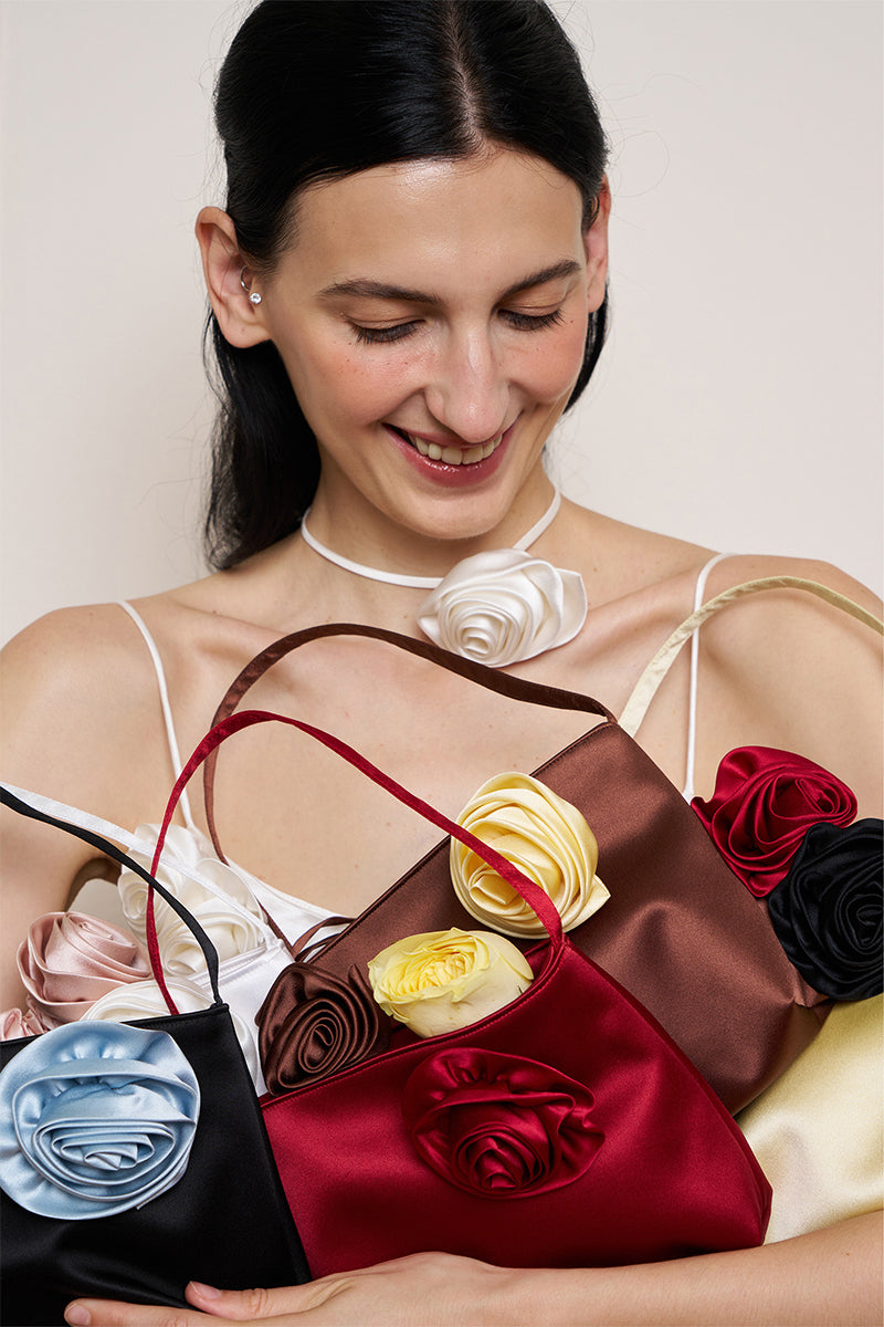 Red Tuscan Rose silk handbag by Not Just Pajama, stylish shoulder bag with elegant silk fabric and classic design.