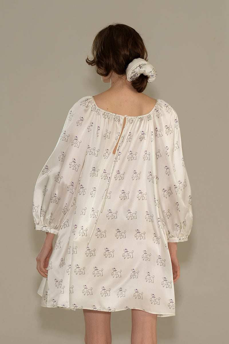 DIAMOND POODLES WHITE SILK PUFF SLEEVE DRESS - CULT MIA