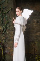 Diagonal crystal-embellished shoulder A-line gown by Tracy Studio, featuring elegant crystal accents and a flowing silhouette.
