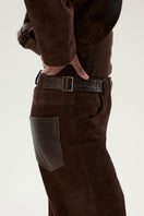 LARETAGGIO Brindissi suede mid-waist trousers showing a stylish fit and soft suede fabric in a neutral color.