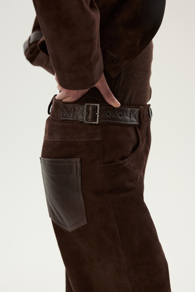 LARETAGGIO Brindissi suede mid-waist trousers showing a stylish fit and soft suede fabric in a neutral color.