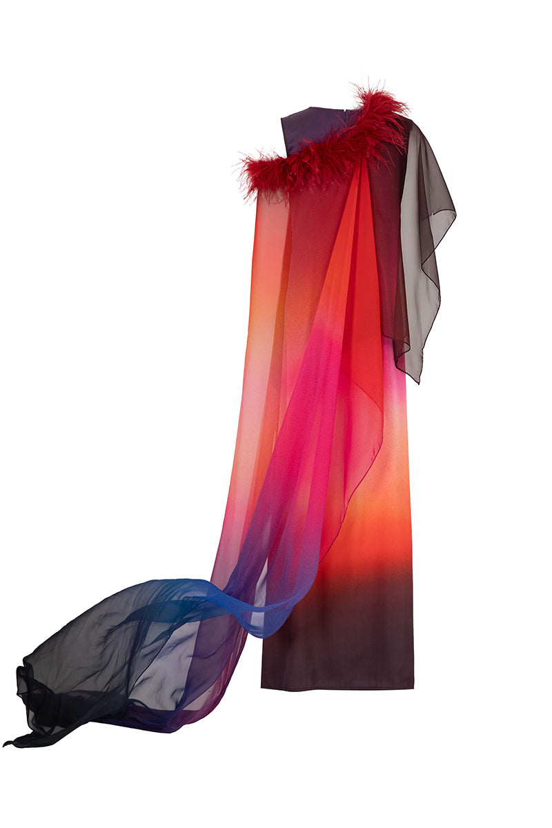 Valenciani pink printed gown with a detachable ostrich feather trim cape, elegant and flowing for formal occasions.