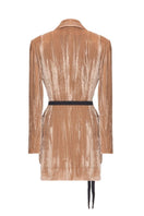 Vaska caramel tailored silk velvet jacket with a sleek fit and elegant lapel, displayed on a mannequin.