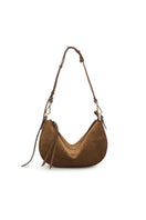 Brown suede Denise mini shoulder bag by Vikele Studio with a sleek, compact design and adjustable strap.