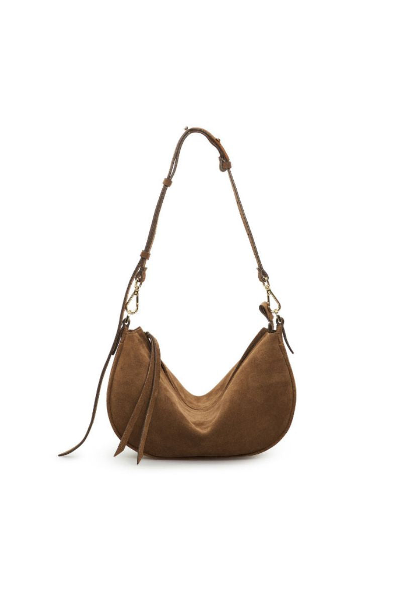 Brown suede Denise mini shoulder bag by Vikele Studio with a sleek, compact design and adjustable strap.