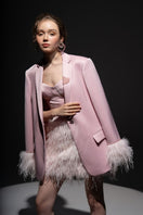 Baby pink Kiera taffeta feather blazer set by 21Six, featuring a stylish co-ord with feather details, perfect for elegant occasions.