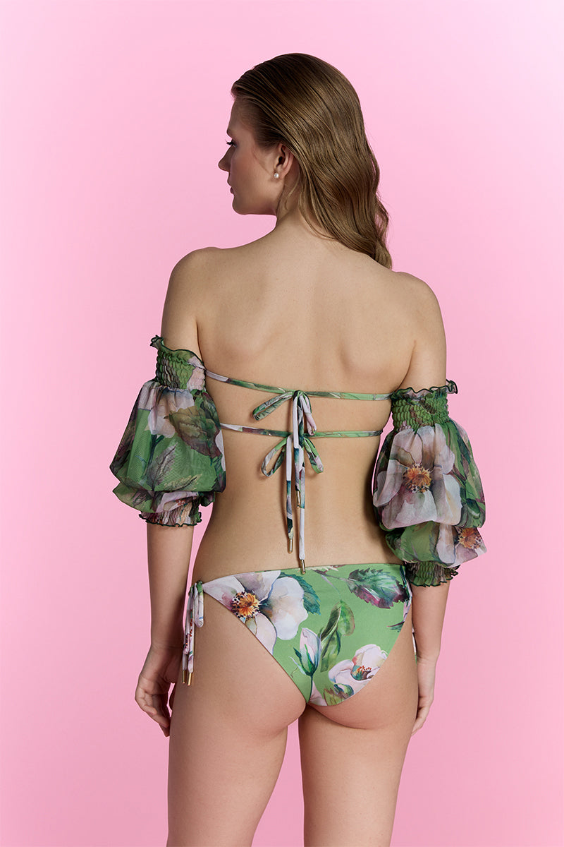 Nur Karaata Golden Aura bikini set featuring a stylish gold-colored bikini top and bottom on a white background.