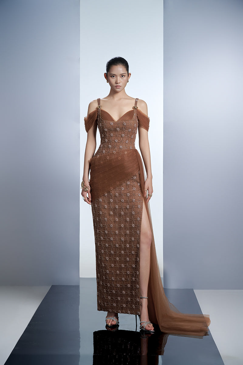 CRYSTAL MAXI DRESS IN BROWN - CULT MIA