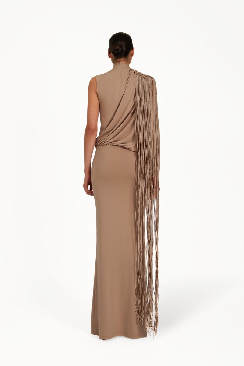 Khanum's taupe maxi dress with flowy fabric and elegant design, perfect for stylish occasions.