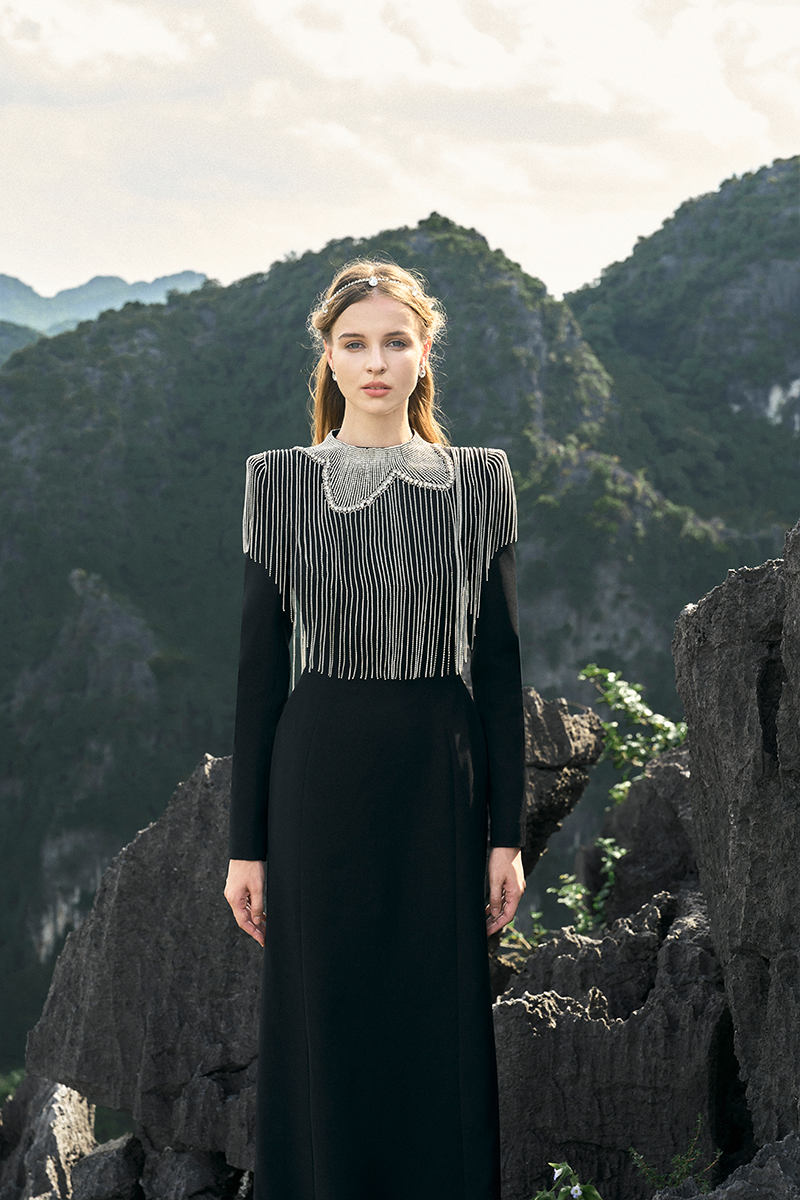 LONG SLEEVE CRYSTAL TASSEL BODYCON FLOOR-LENGTH GOWN - CULT MIA
