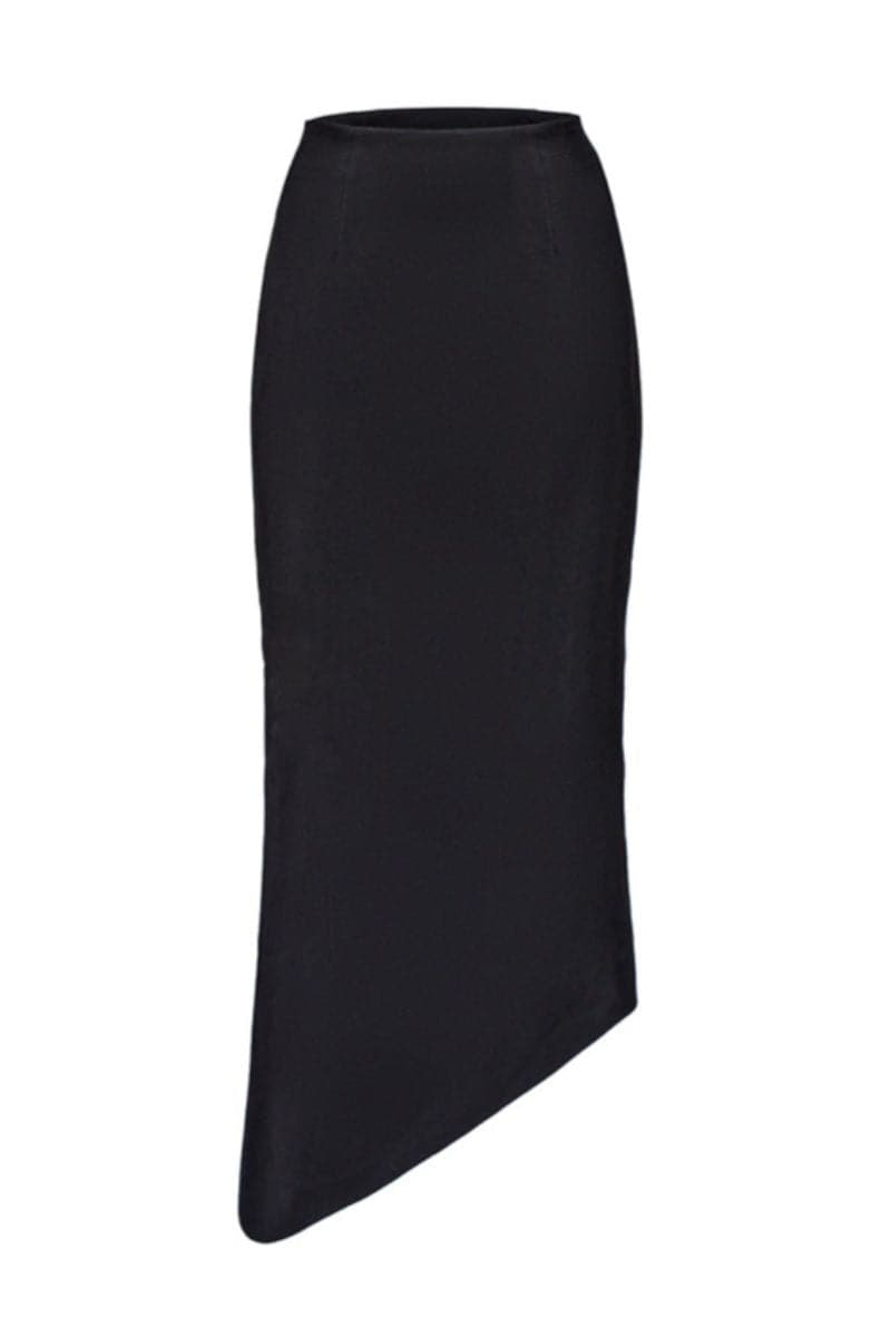 BLACK HIGH-RISE ASYMMETRIC MIDI SKIRT - CULT MIA