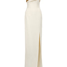 Elegant matte weave gown by Tracy Studio featuring a flowing design and intricate fabric texture.