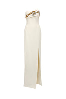 Elegant matte weave gown by Tracy Studio featuring a flowing design and intricate fabric texture.