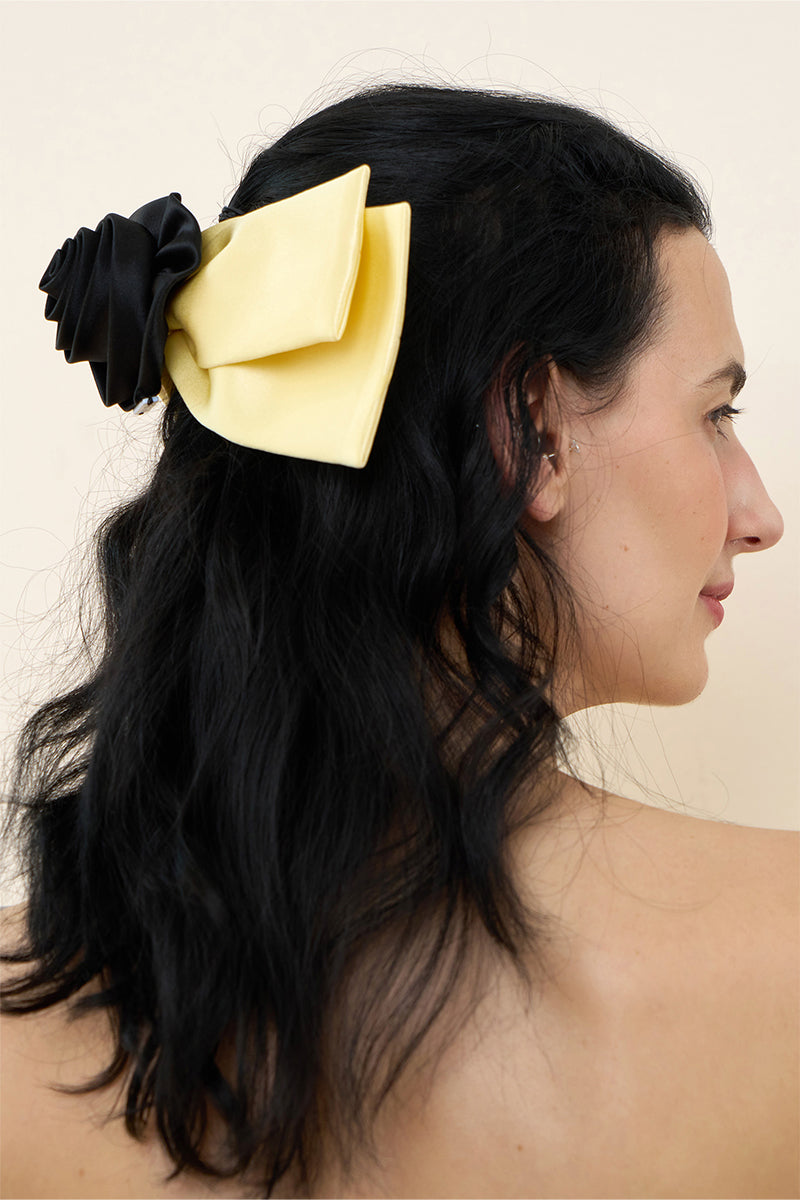 Tuscan Rose Bow silk hair clips by Not Just Pajama, featuring elegant pink satin bows on sleek hair accessories.