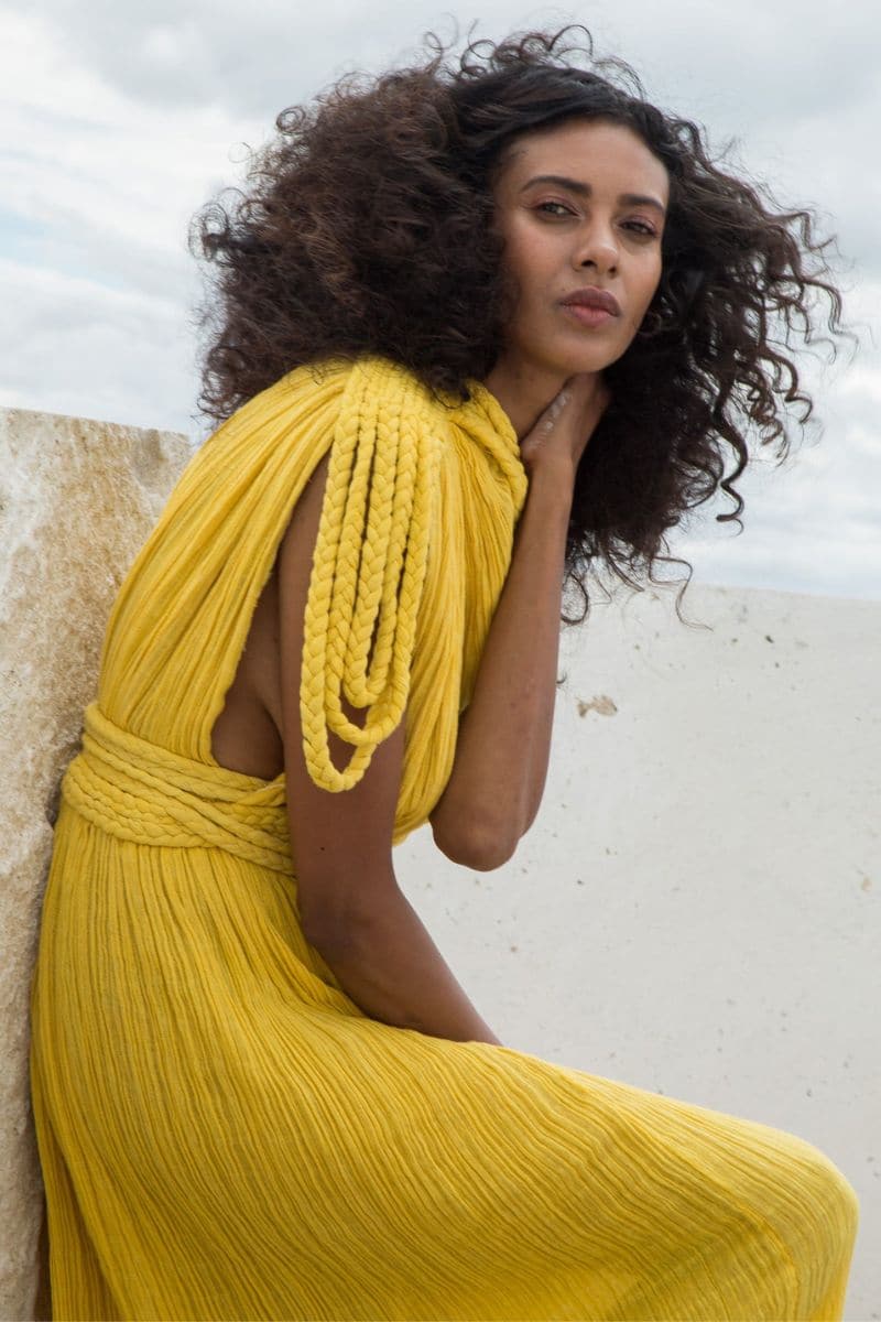 Kasia Kulenty Luna Gown in Sol, elegant maxi dress with flowing fabric and vibrant sun-inspired design.