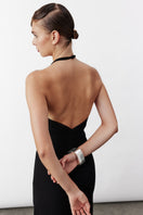 Black VIOLETTE long crepe maxi dress by Nazlı Ceren, featuring a flowing silhouette and elegant design.