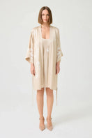 Bocan Couture Miss Dalia short rayon robe with beige lace accents, lightweight and stylish for comfortable loungewear.