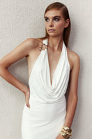 Nazlı Ceren Dakota long jersey maxi dress in white, flowing and elegant with a soft, comfortable fit for casual or formal wear.