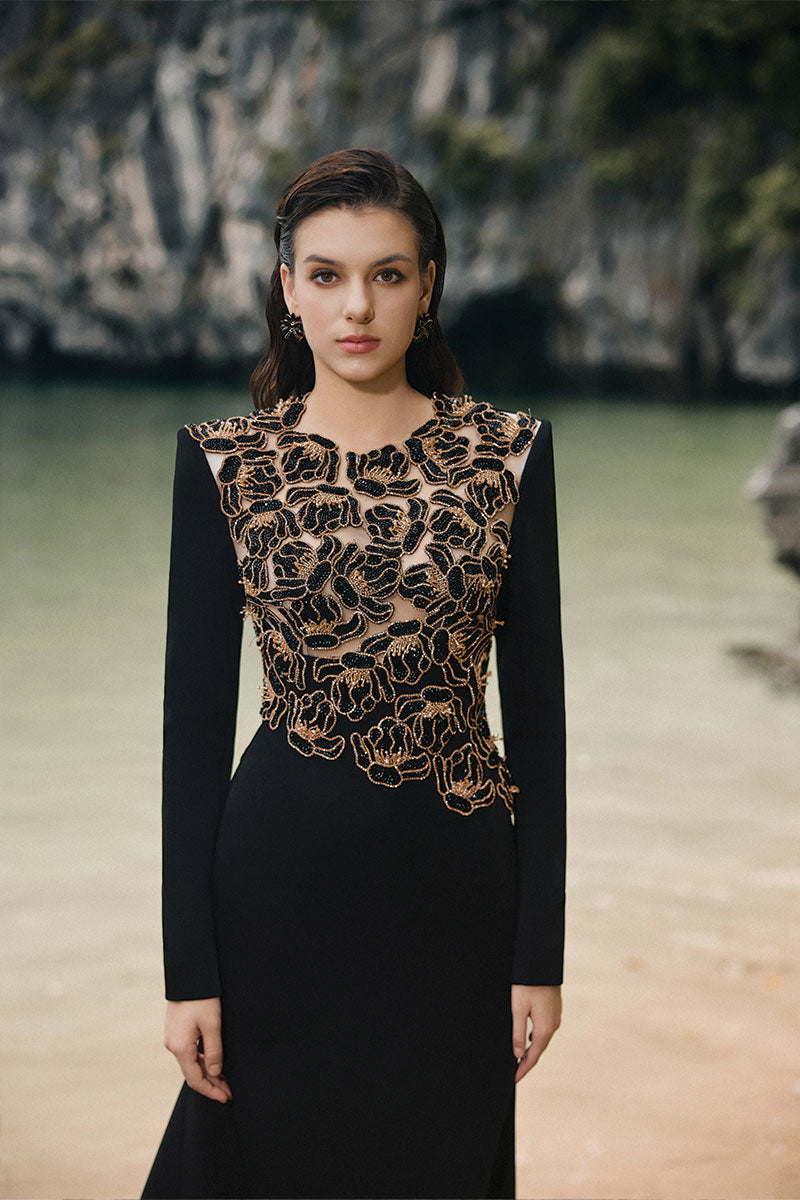 VELVET SATIN FLORAL EMBELLISHED DRESS IN BLACK - CULT MIA