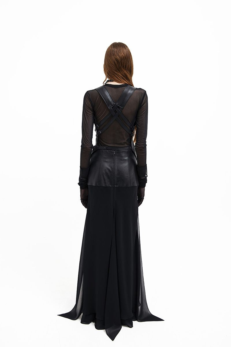 Black Vaska maxi skirt with leather accents, long flowing design, perfect for stylish and elegant outfits.