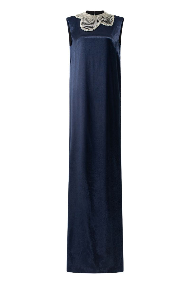 NAVY BLUE ORCHID STONE PATTERNED COLLAR GOWN - CULT MIA