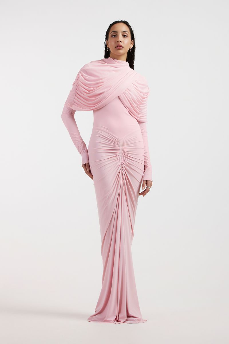 Deme By Gabriella NOA draped pink gown with flowing fabric and elegant design, perfect for formal occasions.