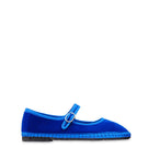 Flabelus OE Mary Jane velvet flats in blue with matching blue piping, featuring a classic slip-on design and comfortable fit.