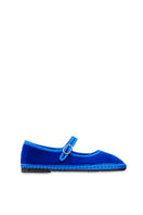 Flabelus OE Mary Jane velvet flats in blue with matching blue piping, featuring a classic slip-on design and comfortable fit.