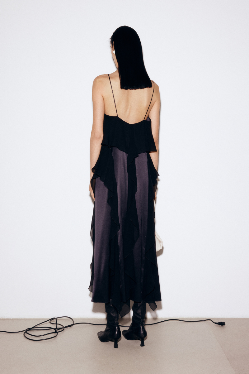 BLACK MIDI DRESS WITH SHIFFON RUFFLE DETAILS - CULT MIA