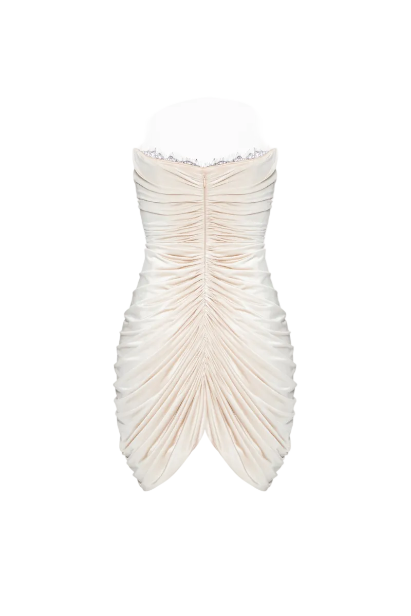 BEIGE EDEN MINI DRESS by BALYKINA featuring a fitted silhouette, short sleeves, and stylish mini length.