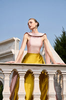 Pink and yellow bamboo taffeta gown by Tracy Studio, featuring elegant fabric and flowing silhouette.