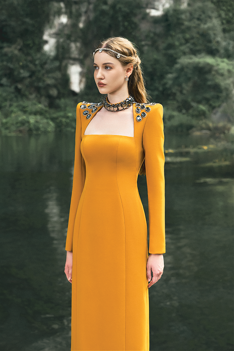 YELLOW CHOKER SHOULDER STONE EMBELLISHED GOWN - CULT MIA