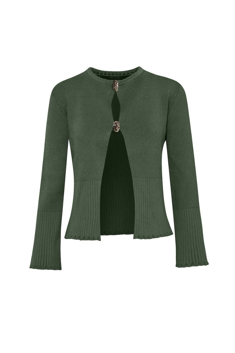 Baobab Meraky sweater in sage green, cozy knit sweater with long sleeves and ribbed cuffs, stylish and comfortable for everyday wear.