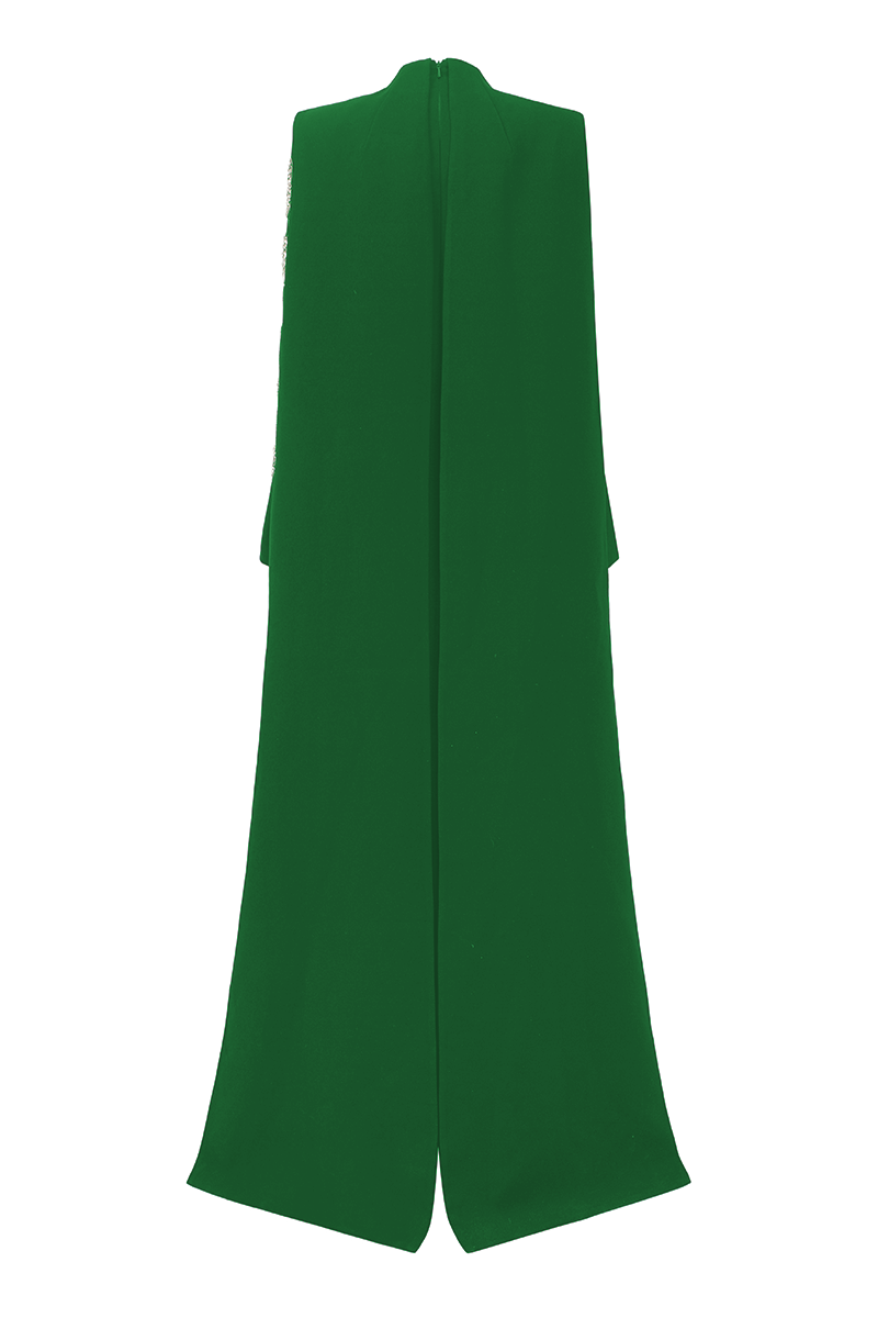 Elegant velvet satin gown by Lune De Soie featuring a long back flap and flowing design, perfect for formal occasions.