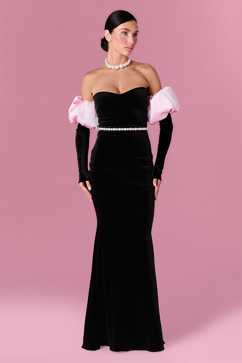 Elegant Nur Karaata Royal Allure gown featuring intricate embroidery and flowing fabric, perfect for formal occasions.