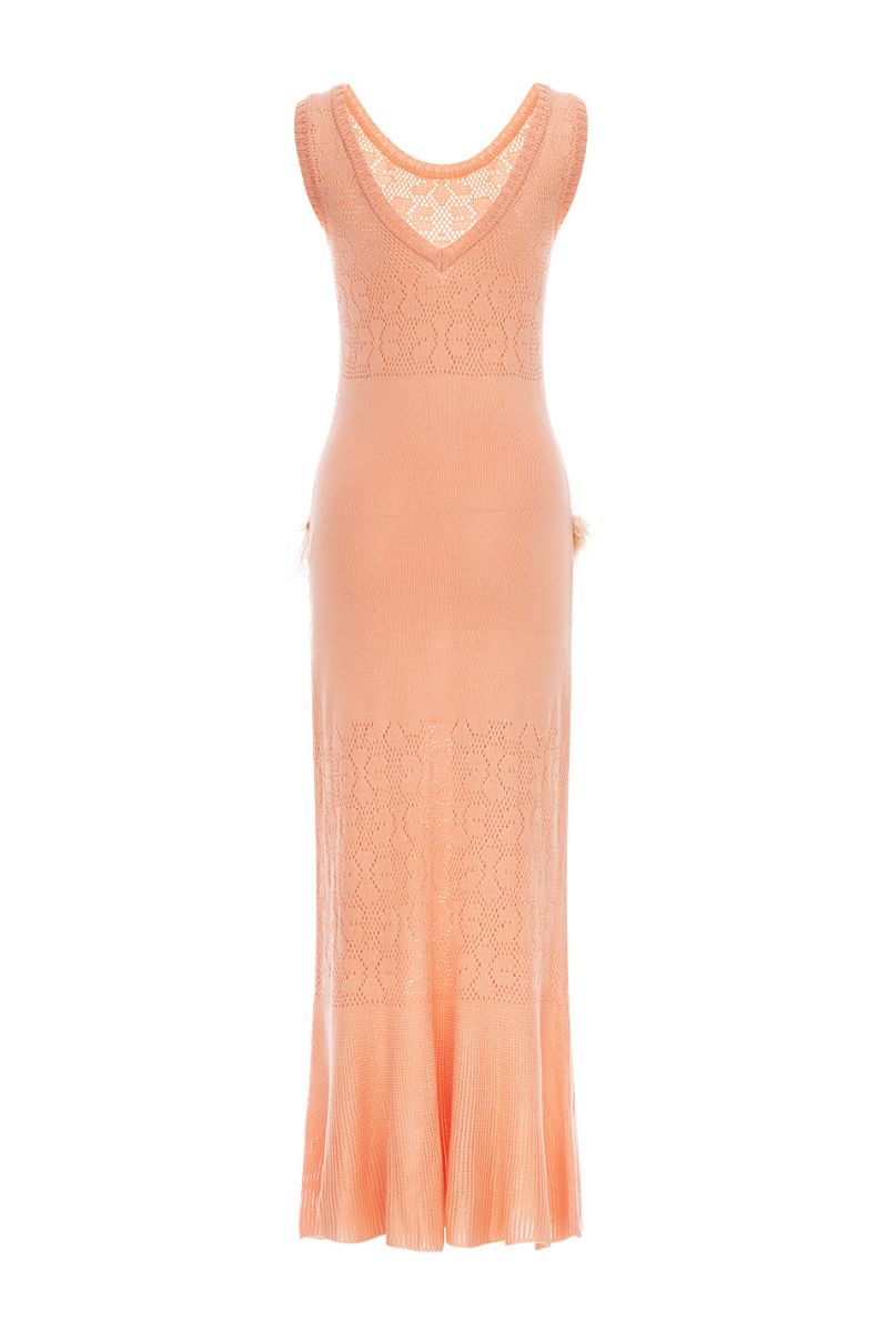 Andreeva vanilla peach knit midi dress with feather accents, stylish and elegant for summer or special occasions.