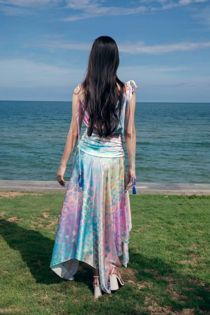 JEANNE ASYMMETRIC SLEEVELESS SILK SATIN FLOOR LENGTH DRESS - CULT MIA