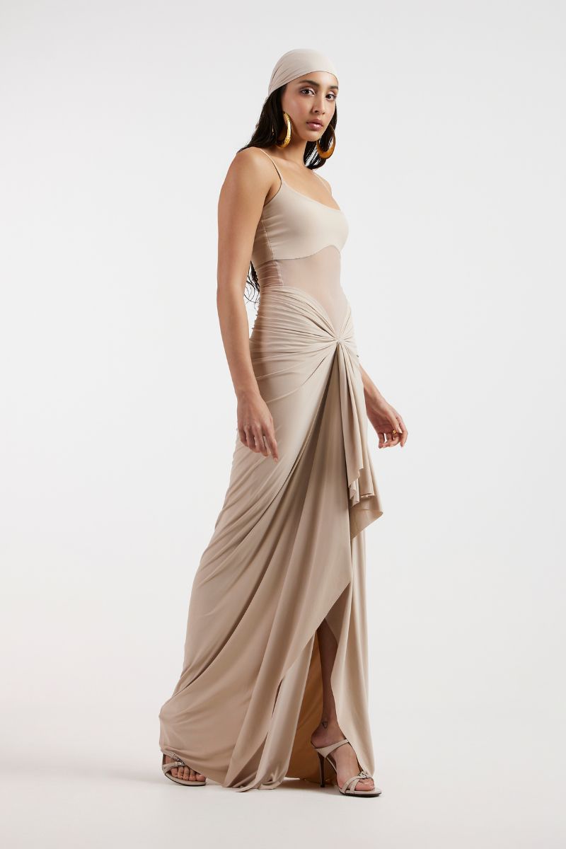 Deme By Gabriella ASTRID DRAPED BEIGE GOWN | Cult Mia Deme By Gabriella ASTRID DRAPED BEIGE GOWN | Cult Mia