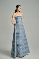 Blue CULT MIA X HAPPY CLOTHING strapless stone dress with matching scarf, elegant gown perfect for formal occasions.