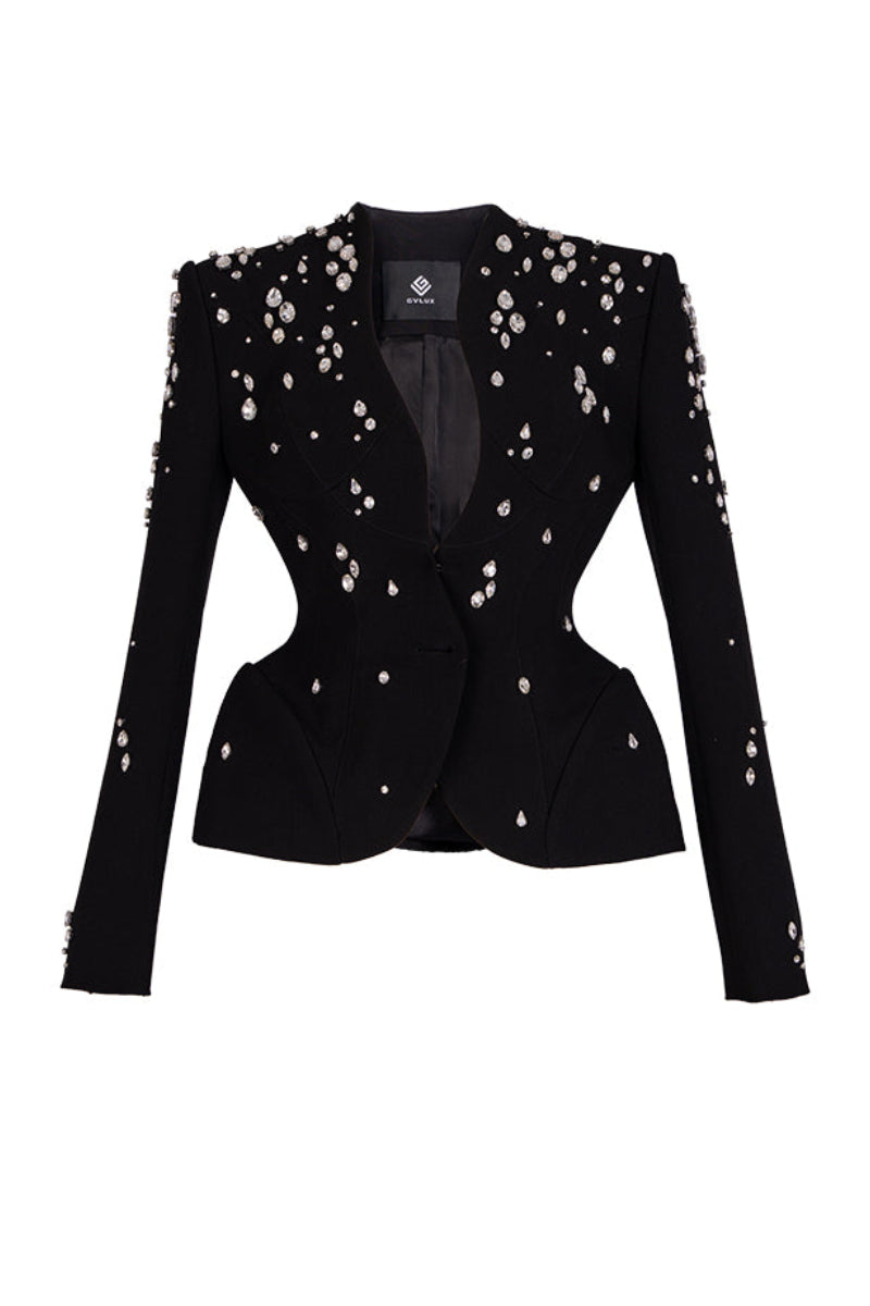 Black GVLUX collarless paneled vest with curved flared waist, featuring a stylish and modern design.