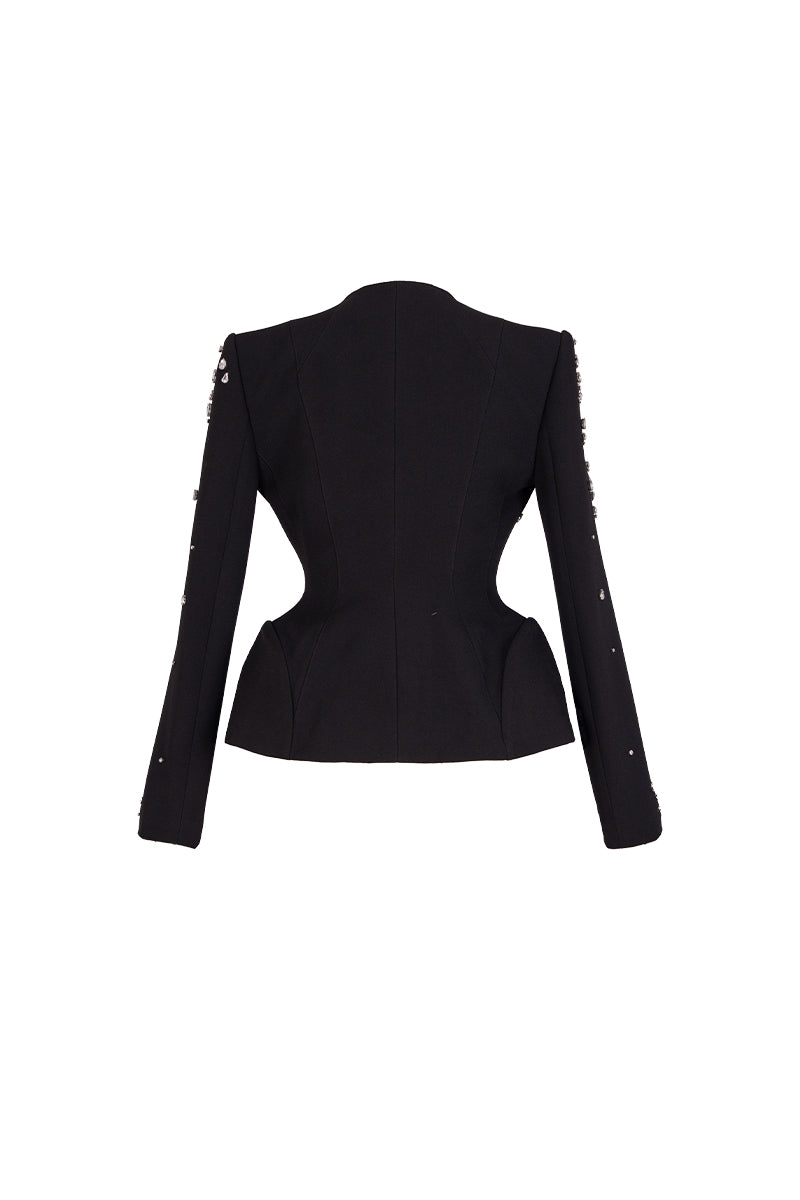 Black GVLUX collarless paneled vest with curved flared waist, featuring a stylish and modern design.