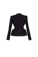 Black collarless paneled vest with curved flared waist from GVLUX, showcasing a fitted design with stylish paneling.