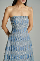 Blue CULT MIA X HAPPY CLOTHING strapless stone gown with matching scarf, elegant evening dress with a flowing silhouette.