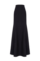 Black paneled construction mermaid maxi skirt by GVLUX, featuring a fitted silhouette and layered panel design.