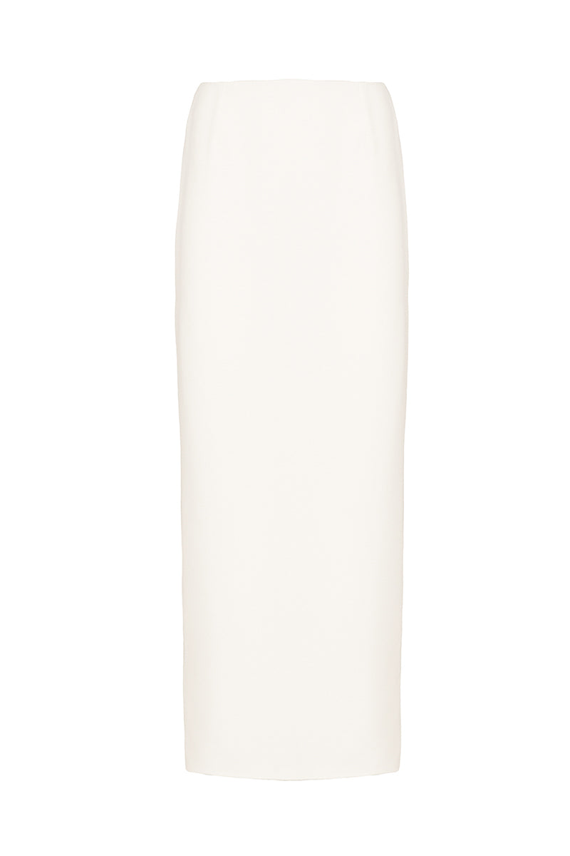 White soft crepe maxi skirt by Monika Dimova, flowing fabric with a full-length design and elegant silhouette.