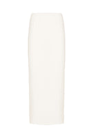 White soft crepe maxi skirt by Monika Dimova, flowing fabric with a full-length design and elegant silhouette.