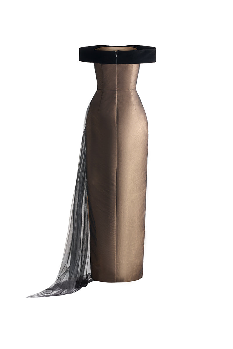 Elegant black off-shoulder organza gown by Happy Clothing, featuring flowing fabric and stylish design for formal occasions.