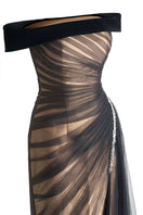 Elegant black off-shoulder organza gown by Happy Clothing, flowing design with delicate fabric and stylish silhouette.