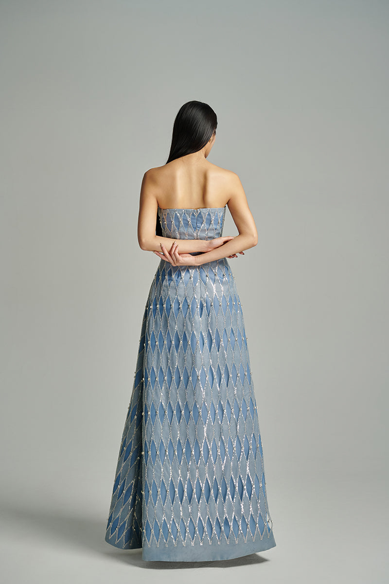 Blue strapless stone gown by Happy Clothing with matching scarf, featuring a stylish and elegant design for special occasions.